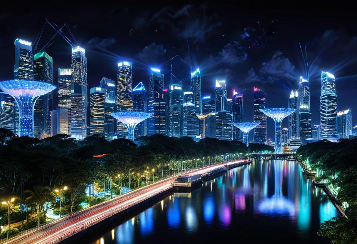 A futuristic cityscape of Singapore featuring sleek satellite dishes and advanced telecom towers integrated with lush greenery. Show vibrant digital screens displaying connectivity graphs and satellite imagery in the night sky. Include diverse people interacting with holographic devices, symbolizing innovation and communication. The skyline should reflect a blend of modern technology and natural beauty. super-realistic. vibrant colors. nighttime setting.