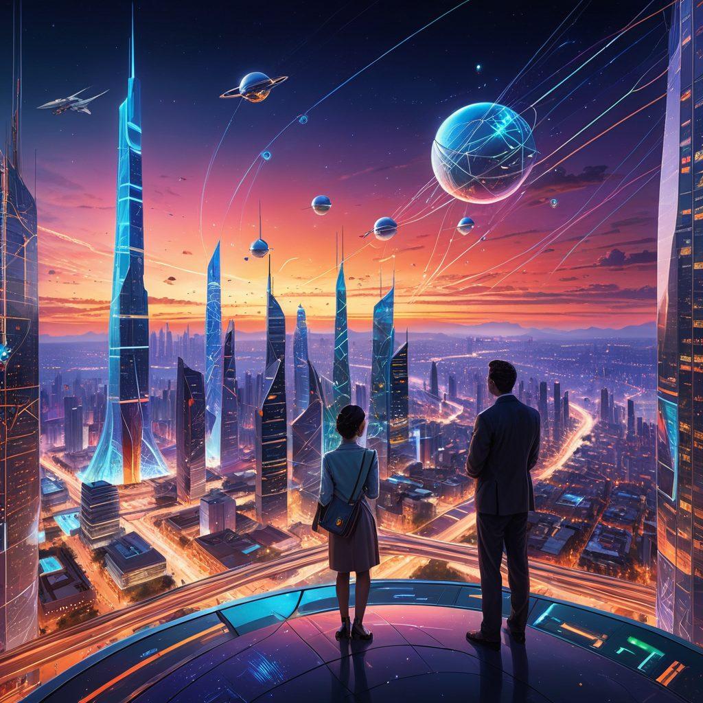 A futuristic city skyline interspersed with high-tech satellites orbiting above, showcasing vibrant connections in the sky represented by colorful lines. In the foreground, a diverse group of engineers collaborating over plans and satellite models, symbolizing innovation in telecommunications. The scene should convey a sense of connectivity and advancement in technology. ultra-realistic. vivid colors. dynamic composition.