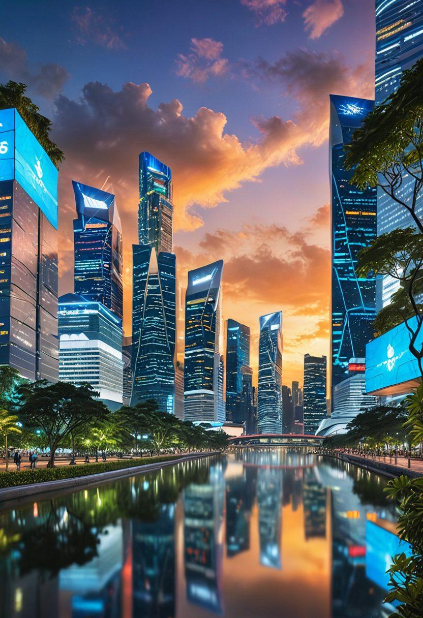 A futuristic skyline of Singapore featuring sleek, interconnected buildings and vibrant digital screens displaying connectivity symbols. Show a diverse group of people using advanced technology, like holographic devices and smart wearables, conveying innovation and community. Include lush greenery integrated into the urban landscape to symbolize sustainability. Bright blue skies and a setting sun adding warmth to the scene. The overall composition to evoke a sense of progress and harmony. super-realistic. vibrant colors. 3D.